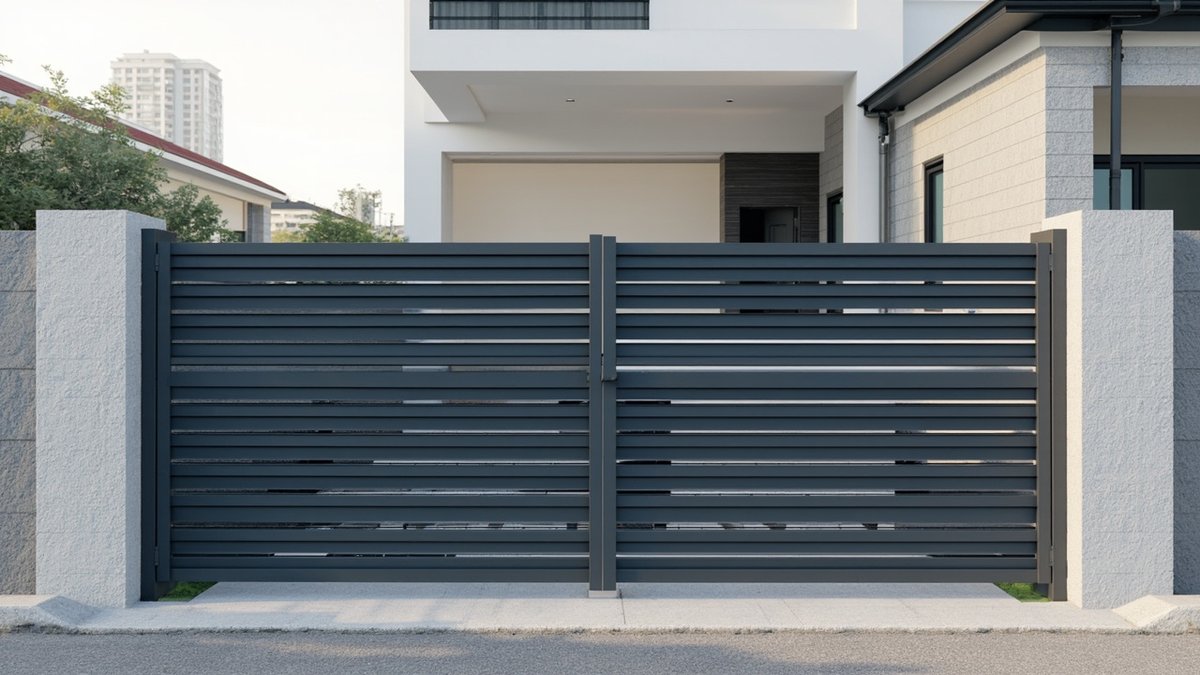 Illustrative concept design: anthracite horizontal slat double gate with narrow gaps in front of a white two-storey house