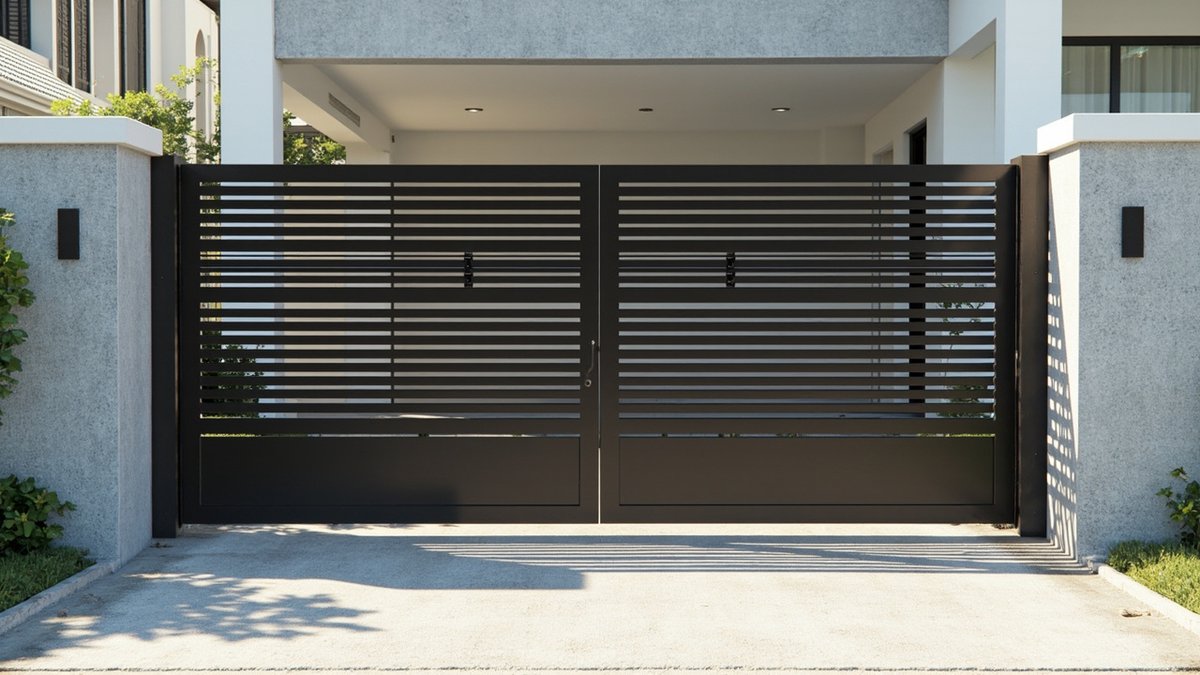 Illustrative concept design: black gate with open horizontal slats above a solid lower panel in front of a white house