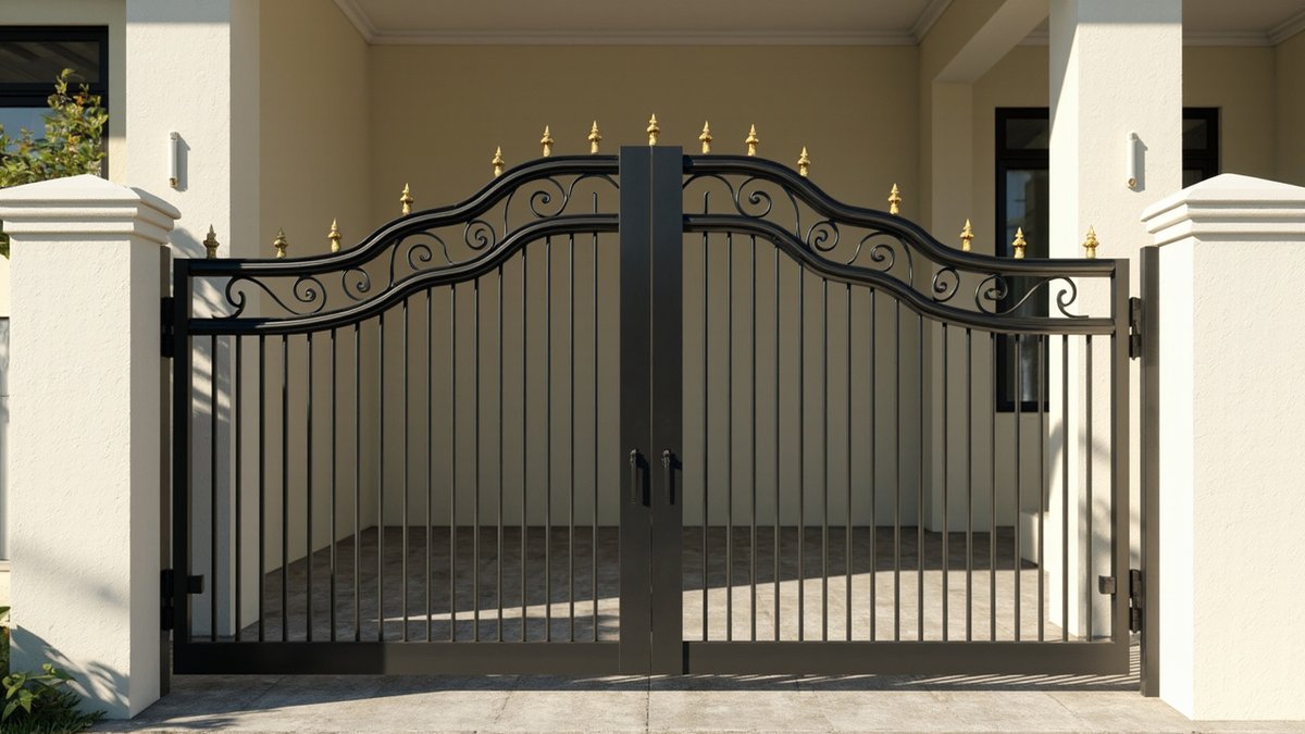 Illustrative concept design: black ornamental scroll gate with gold spear tips between cream pillars of a terrace house