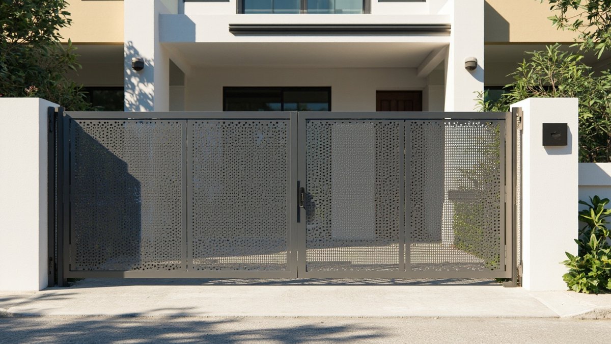 Illustrative concept design: warm grey perforated sheet double gate at a terrace house frontage