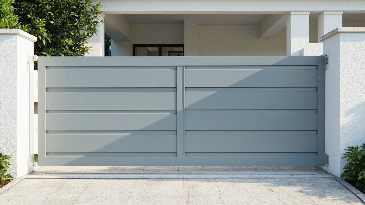 Illustrative concept design: light grey fully solid gate with horizontal grooves between white pillars of a house