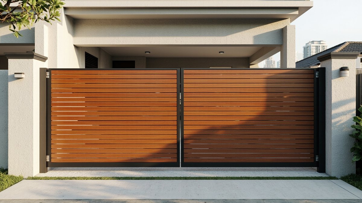 Illustrative concept design: tight warm wood-grain slat gate in a black frame hiding the porch of a grey house