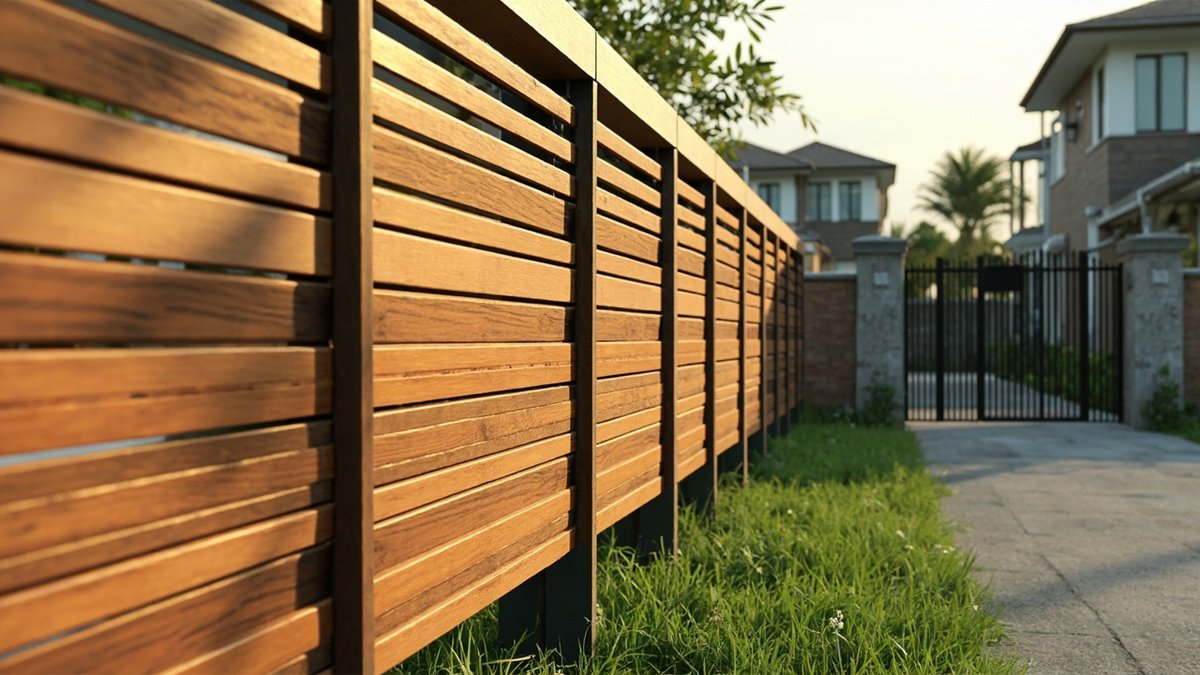 Illustrative concept design: long honey-brown horizontal timber slat side fence on dark posts beside a grass strip