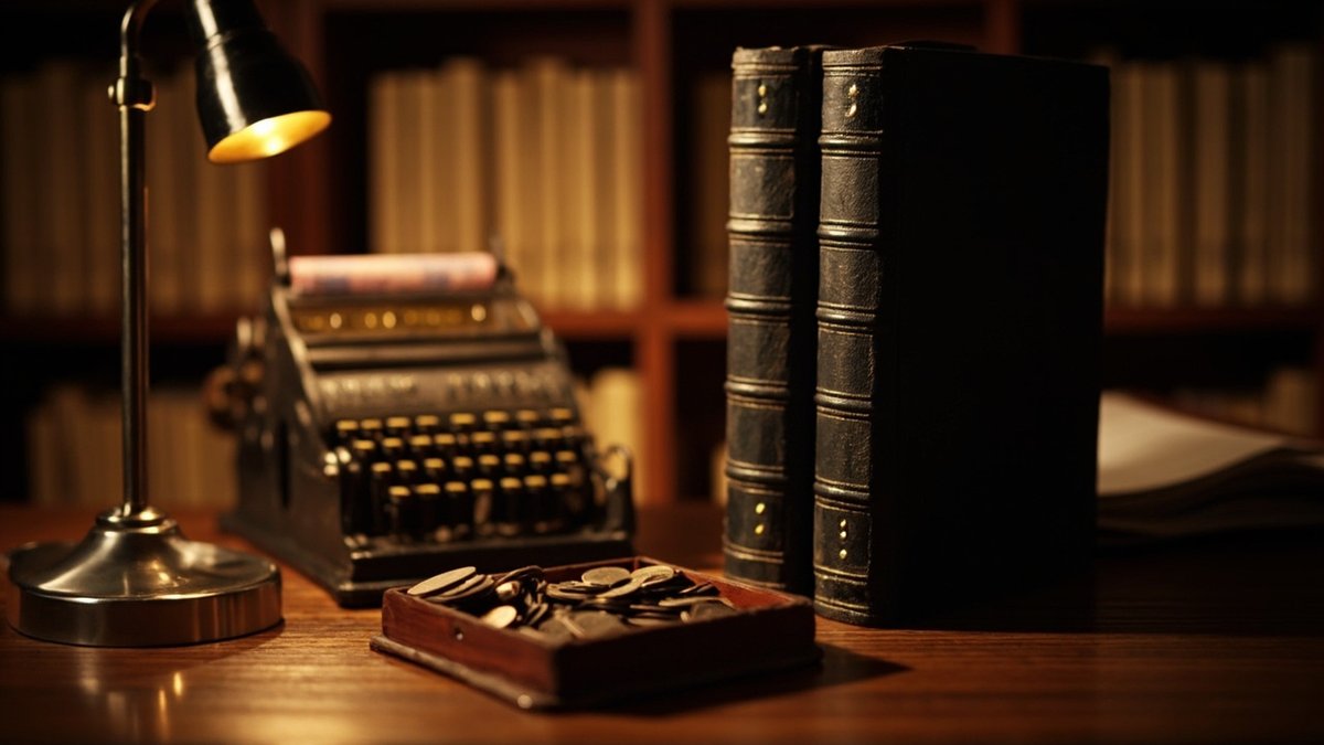 Ledger binders, a coin tray and an adding machine on a management office desk