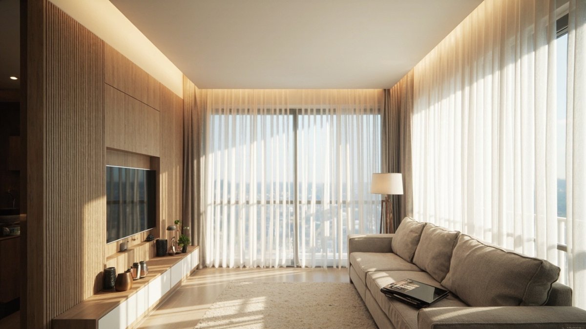 Condo living room with a flat white ceiling, cove uplight, floor-to-ceiling curtains and a low sofa