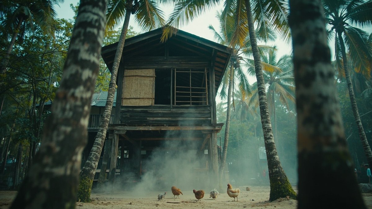 A kampung house on stilts among coconut palms represents Malay reserve land in Malaysia.