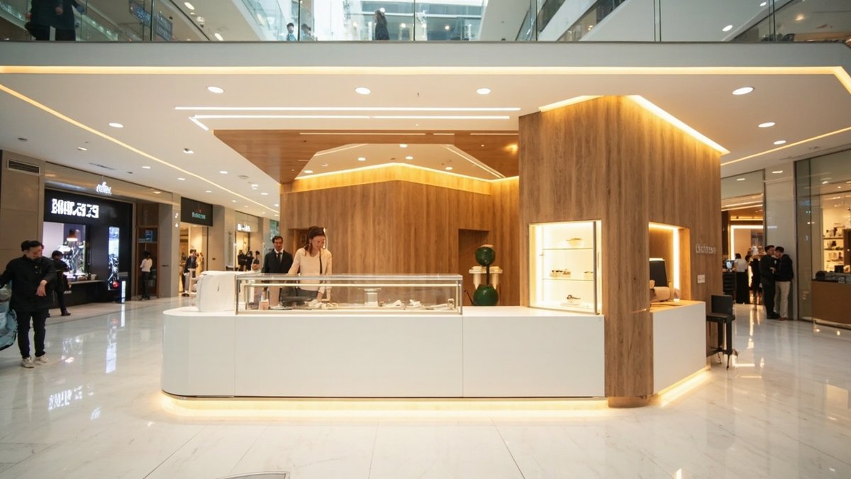 Kiosk pulau dengan kaunter solid surface dan paparan kaca di ruang legar mall