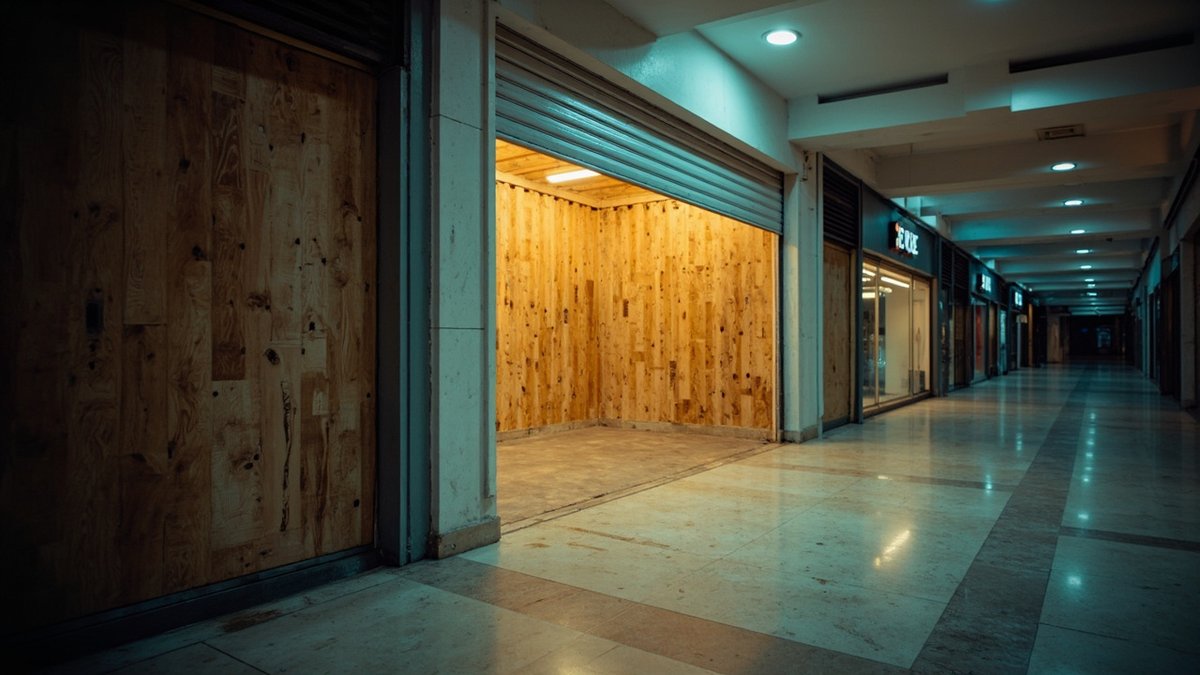 Unit kedai di belakang hoarding bercat dalam mall pada waktu malam, dengan perlindungan lantai koridor