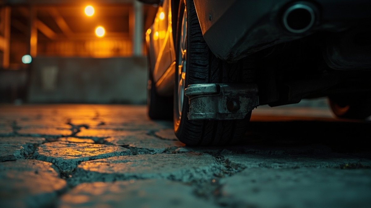 A wheel clamp on a car tyre in a strata car park at night