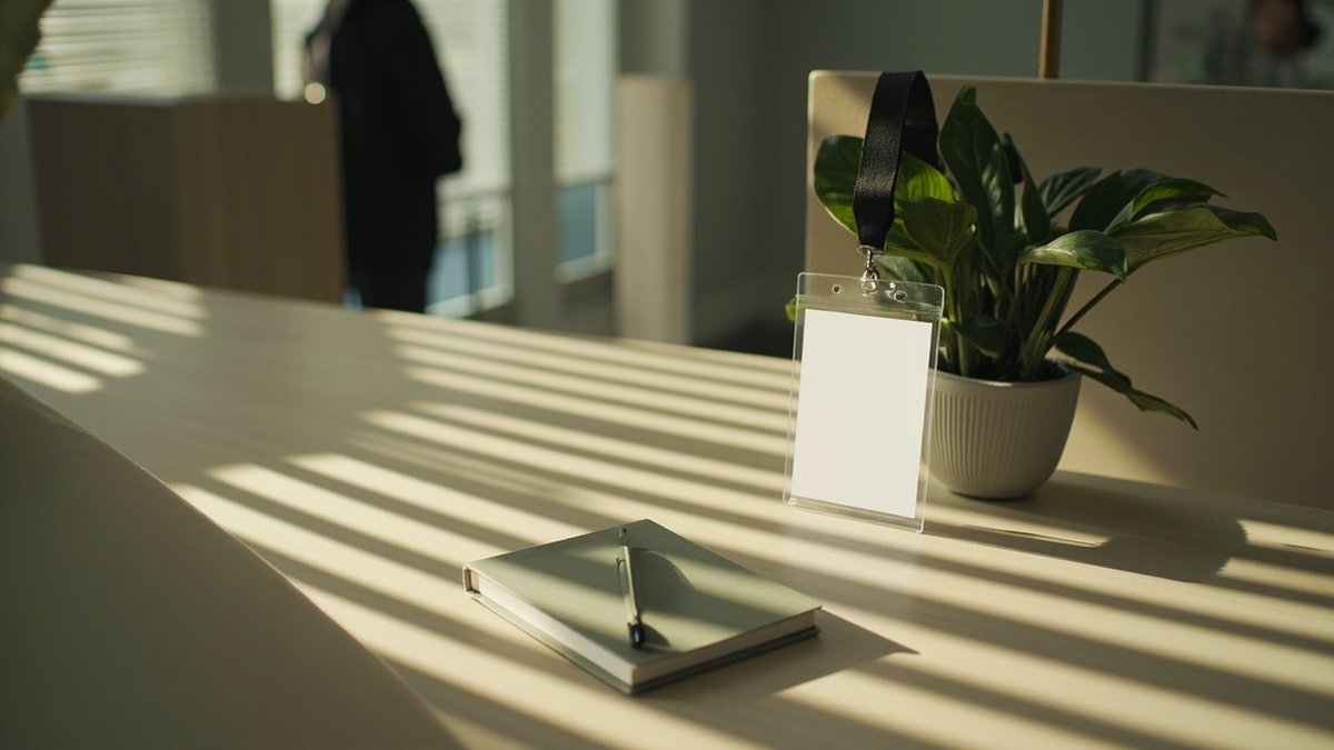 Blank lanyard and badge hanging at a condo management reception counter