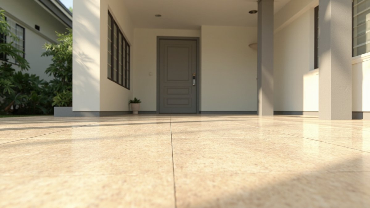 Ilustrasi konsep reka bentuk: lantai marmar beige bertekstur brushed di porch berbumbung hingga ke pintu depan