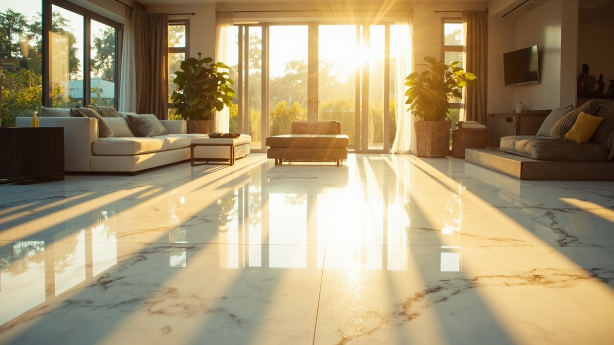 Polished white marble floor with grey veining in a bright living room