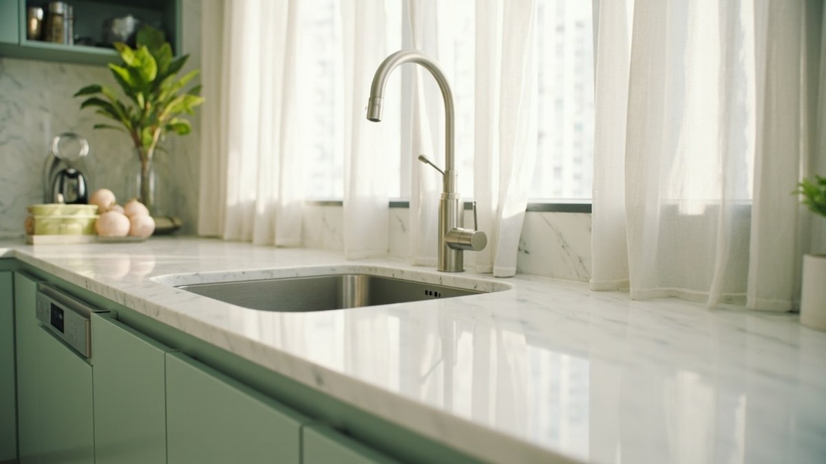 White marble-look quartz kitchen countertop with soft grey veining over green cabinets