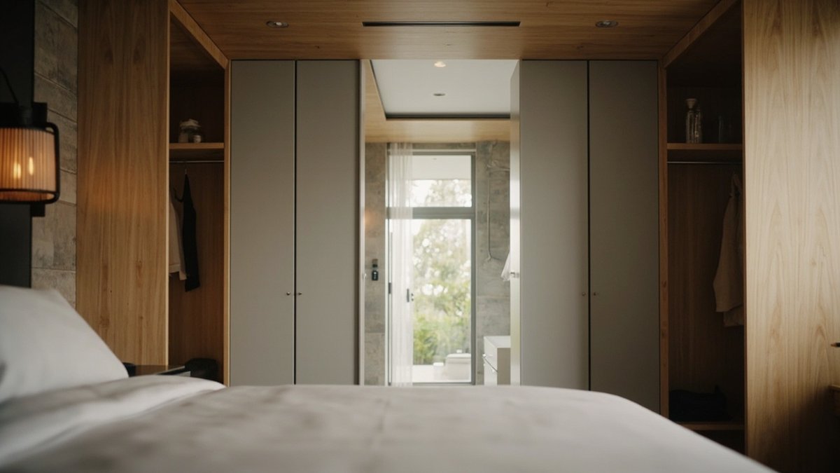 Master bedroom looking through a walk-through wardrobe to an en-suite bathroom with a glass shower screen