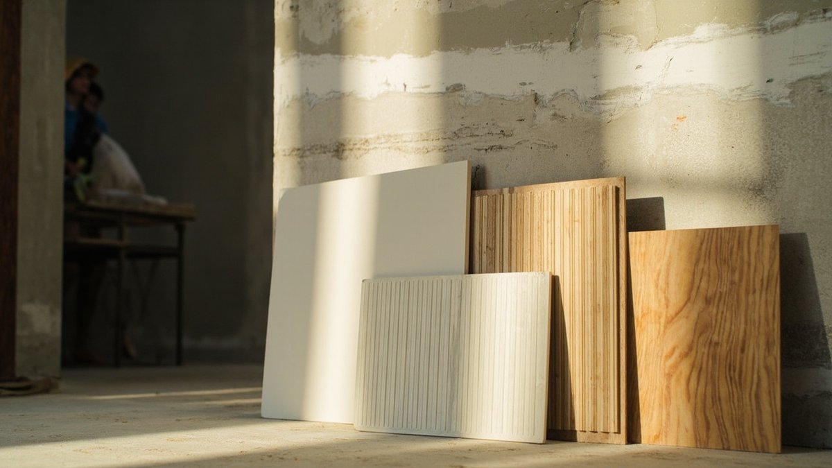 Sampel panel MDF bercat, komposit dan slat kayu solid bersandar pada dinding