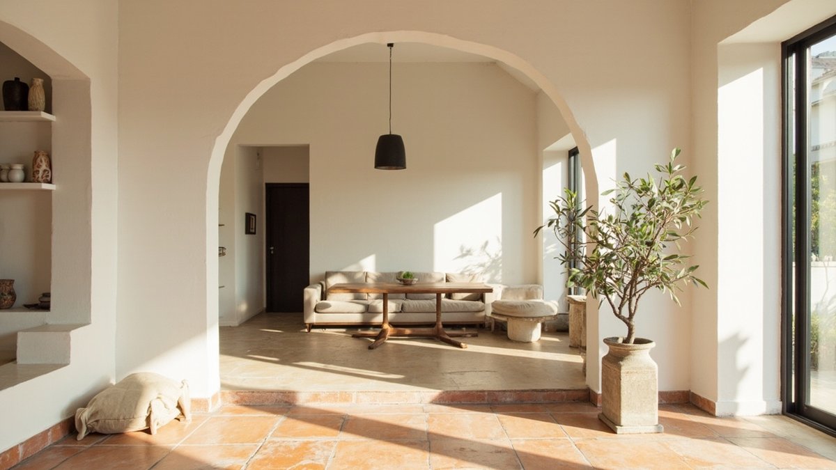 Ruang tamu Mediterranean moden dengan dinding limewash, bukaan gerbang, jubin terakota dan pokok zaitun