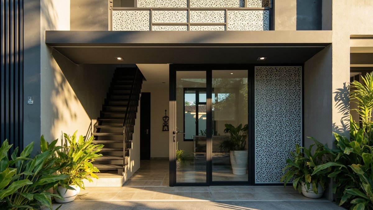 Depan rumah teres dengan panel cladding aluminium kelabu gelap dan skrin metal berlubang