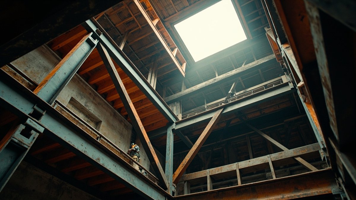 Steel mezzanine floor frame being installed inside a shophouse