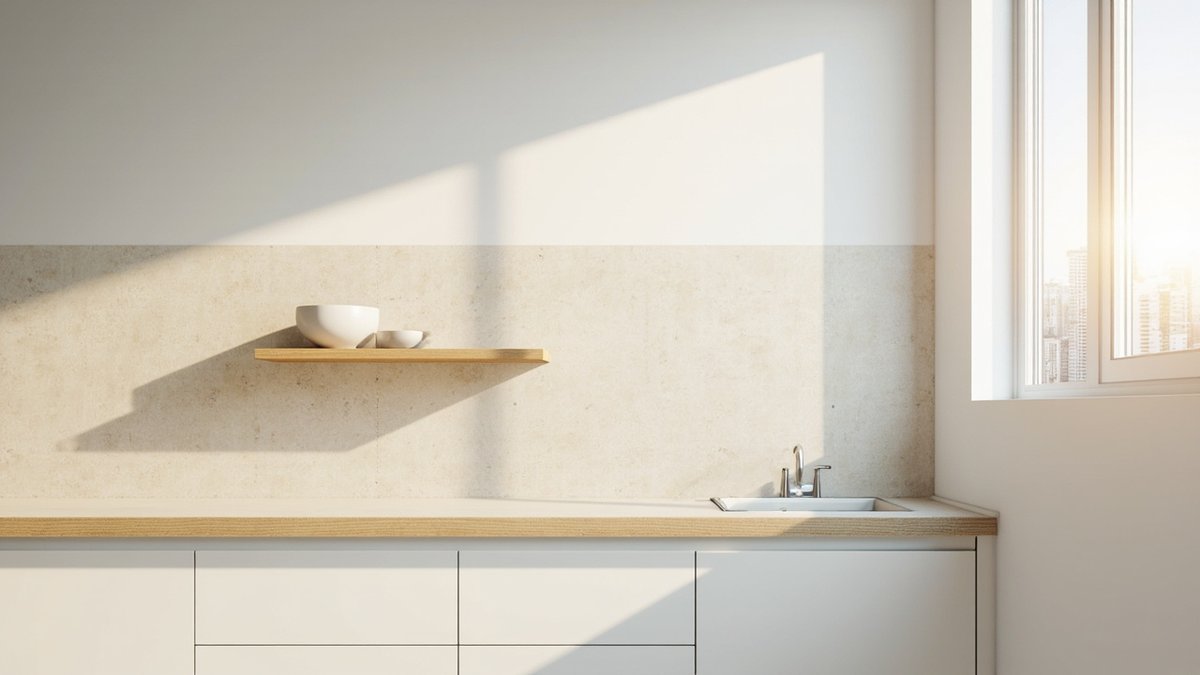 Ilustrasi konsep reka bentuk: dinding backsplash microcement beige cerah di atas kaunter dapur kering dengan satu rak kayu