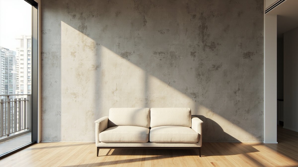 Ilustrasi konsep reka bentuk: dinding ciri microcement kelabu hangat bertekstur di belakang sofa linen rendah