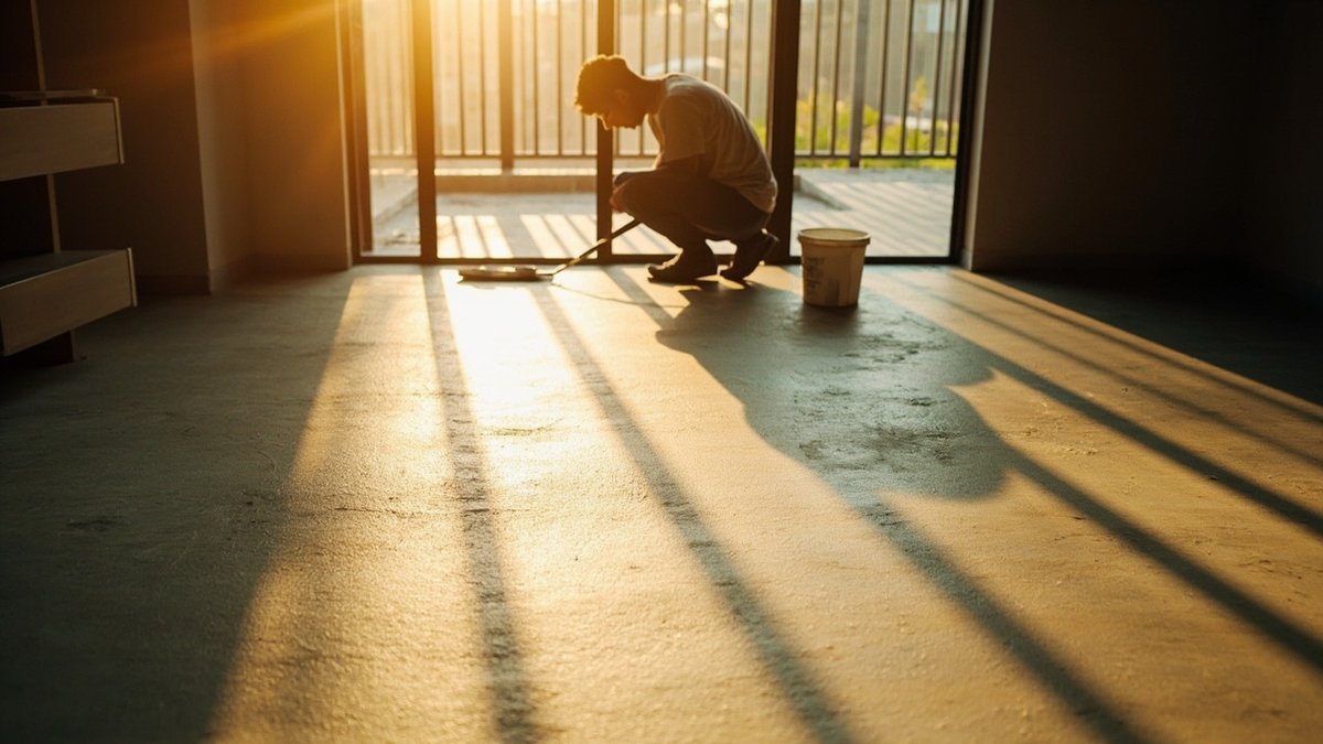 Seamless grey microcement floor in a condo living room, applicator seen from behind finishing an edge
