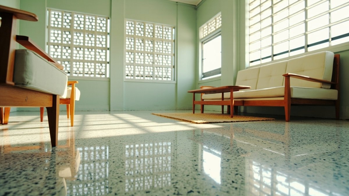 Ilustrasi konsep reka bentuk: ruang tamu rumah teres 1970-an dengan lantai terrazzo berbintik digilap, skrin blok angin putih dan set sofa jati