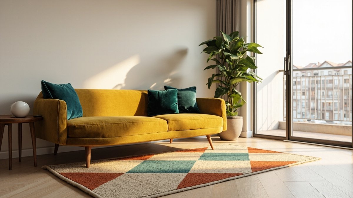 Ilustrasi konsep reka bentuk: ruang tamu kondo retro dengan sofa baldu mustard melengkung, kusyen teal dan permaidani berlian teal, krim dan karat