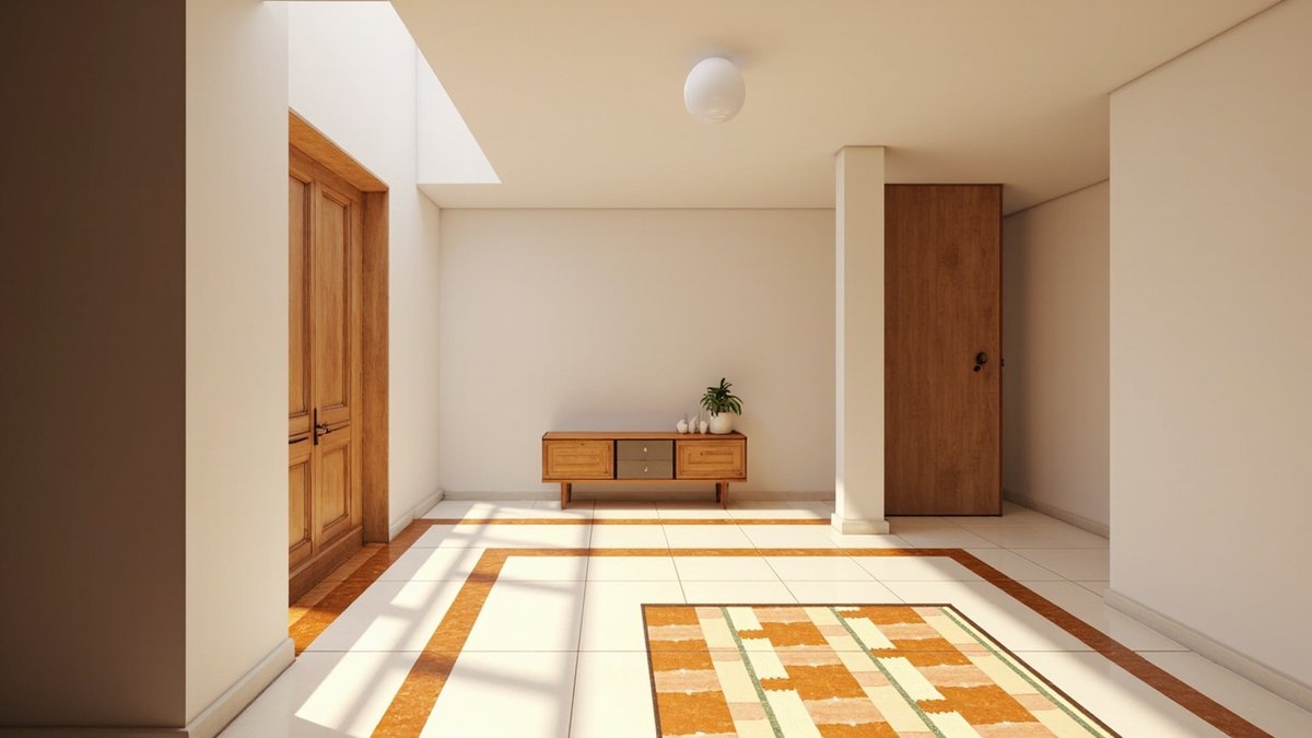 Ilustrasi konsep reka bentuk: pintu masuk rumah teres dengan pintu depan jati, konsol walnut rendah berkaki tirus dan panel jubin lantai geometri