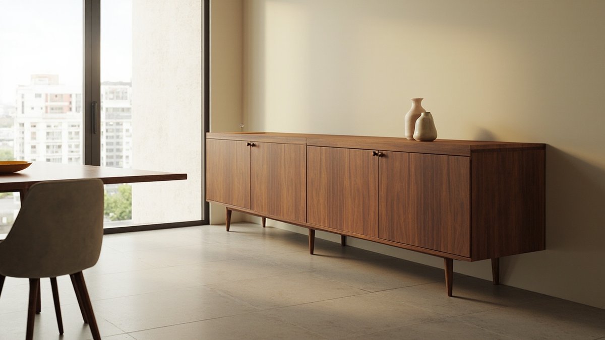 Ilustrasi konsep reka bentuk: sideboard walnut empat pintu yang panjang atas kaki tirus halus dengan dua pasu seramik di sebelah meja makan