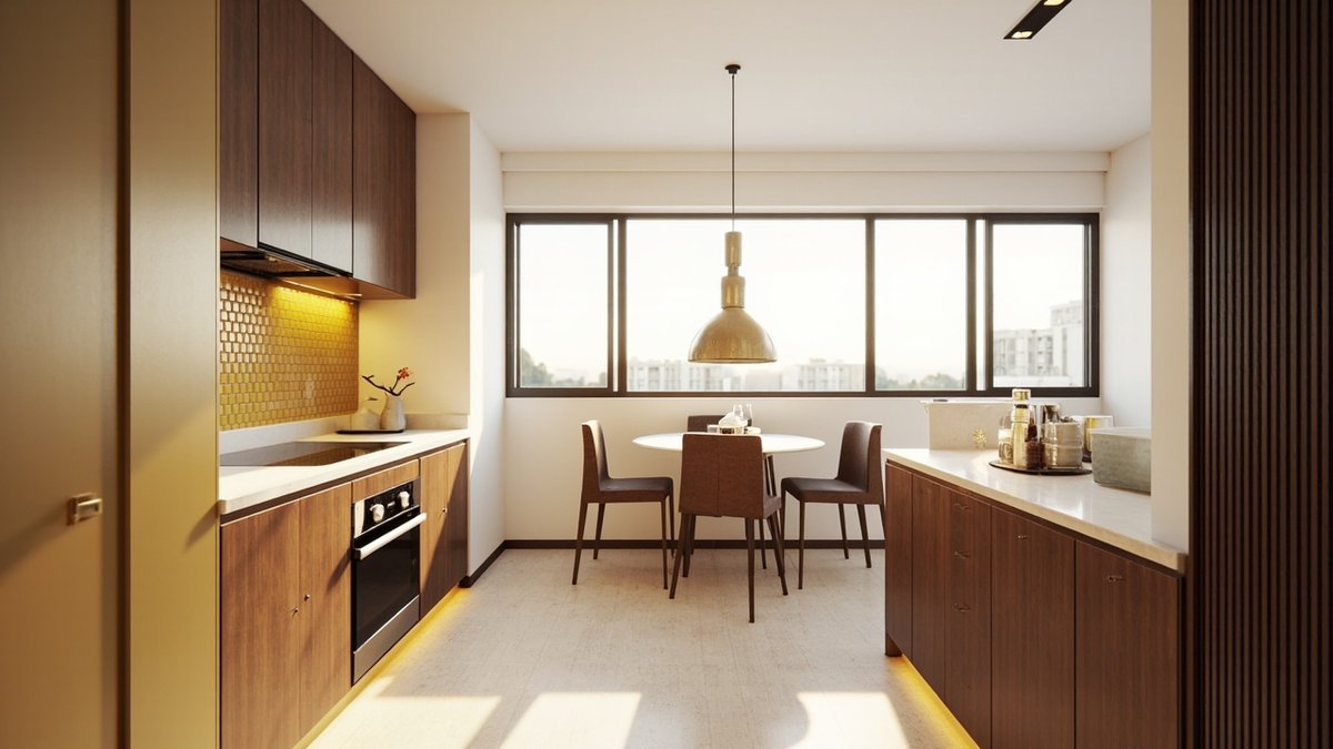 Ilustrasi konsep reka bentuk: dapur galley kondo dengan pintu kabinet rata walnut, backsplash heksagon mustard dan lampu kubah tembaga
