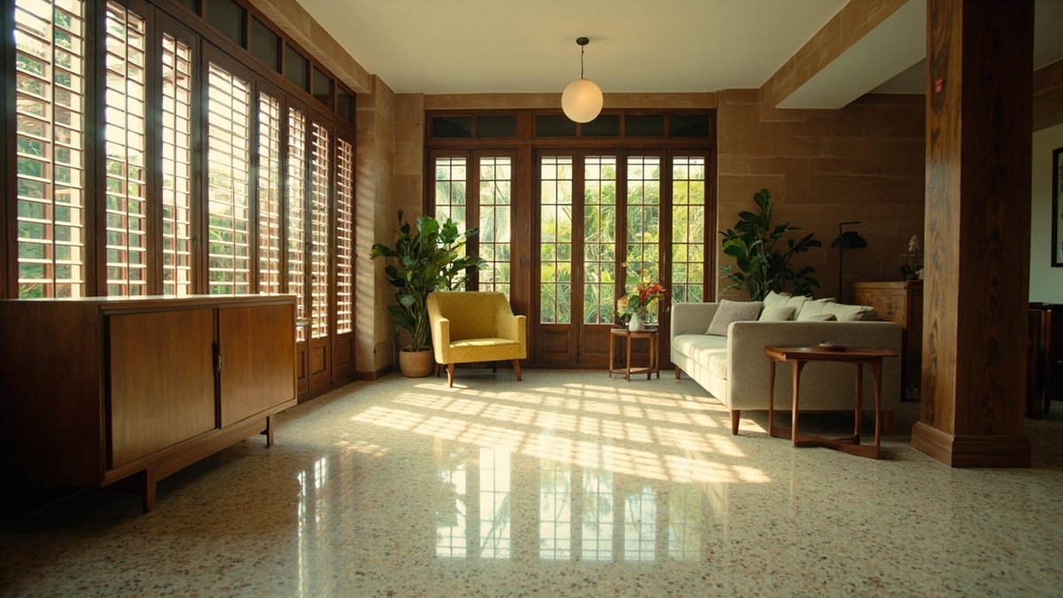 Mid-century living room with terrazzo floor, teak sideboard and louvre windows