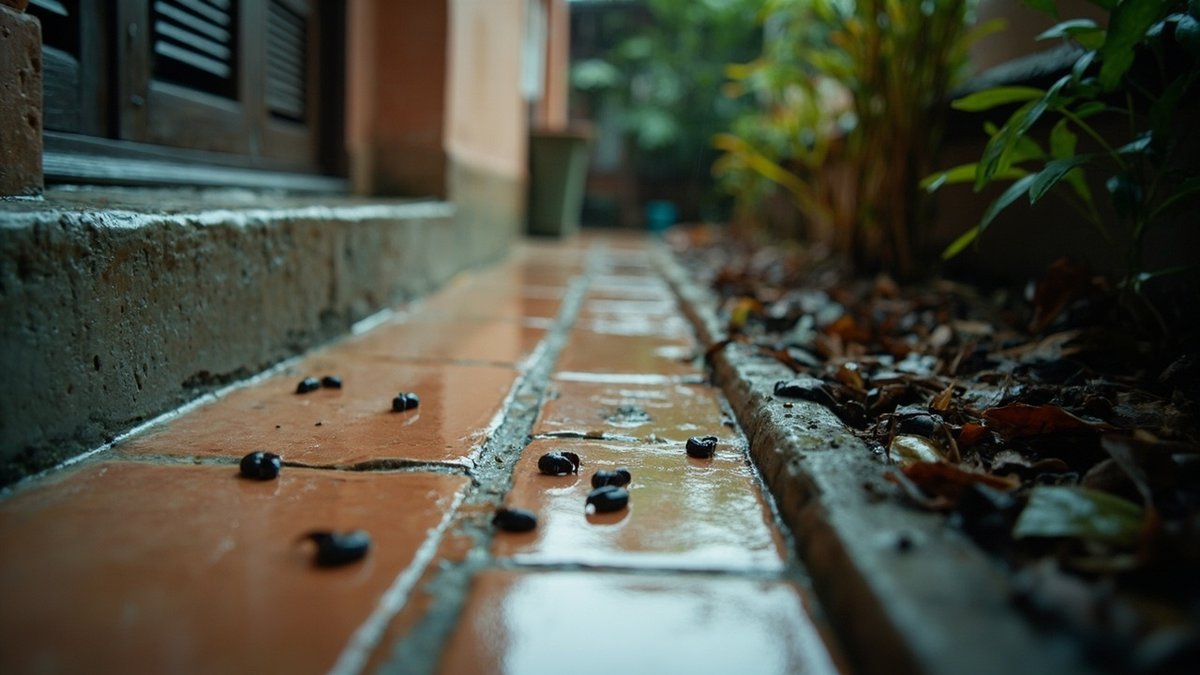 Curled millipedes on wet porch tiles by a back door of a Malaysian terrace house after rain