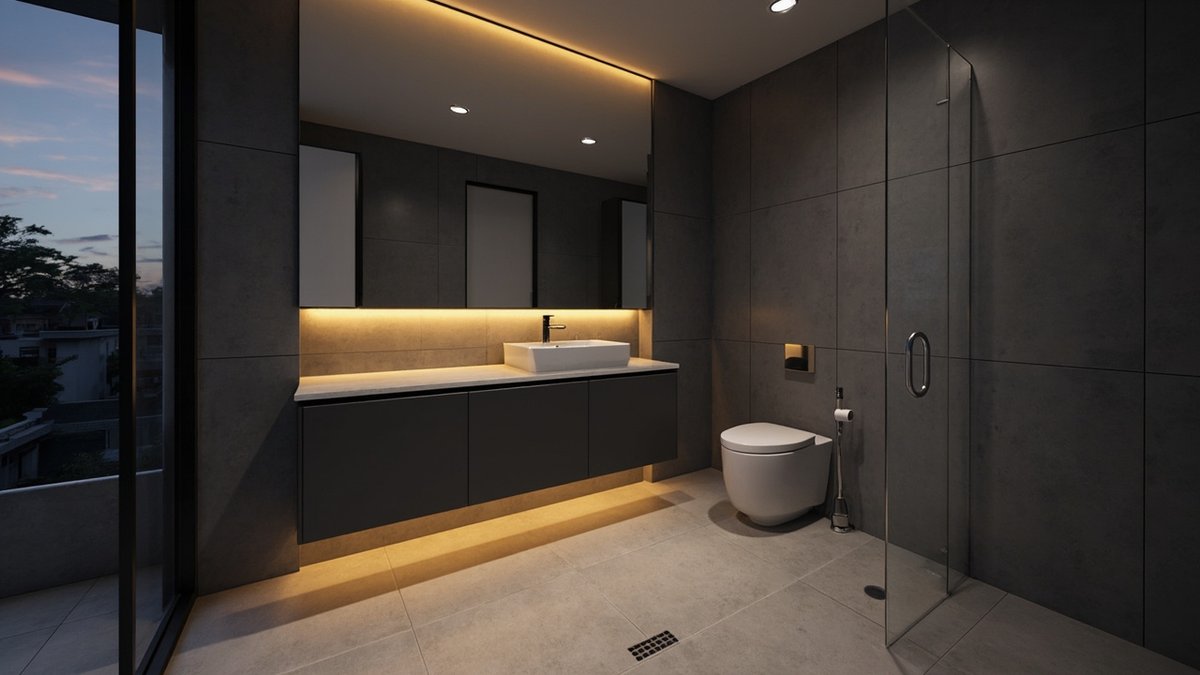 Illustrative concept design: charcoal floating vanity with a warm LED strip glowing on the floor beneath, a white basin and dark grey tiles at night