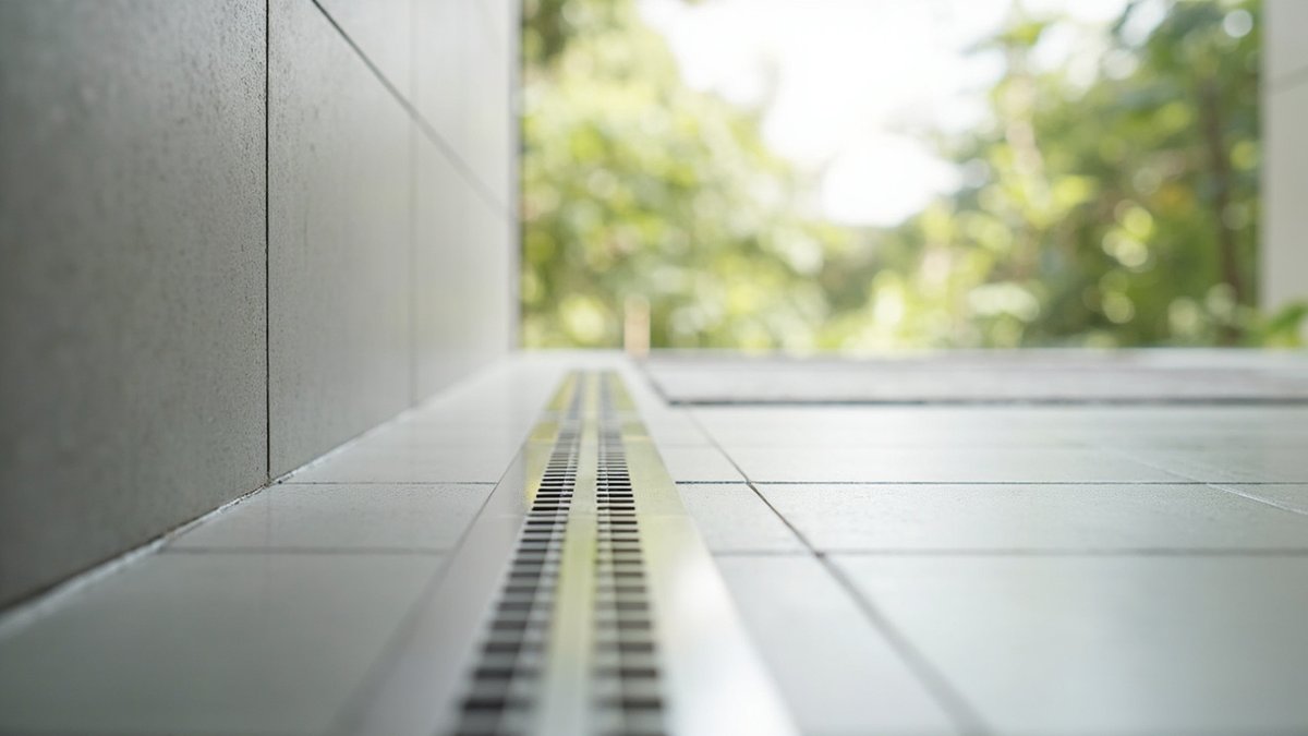 Illustrative concept design: slim stainless linear floor drain running along large pale grey tiles beside a tiled wall