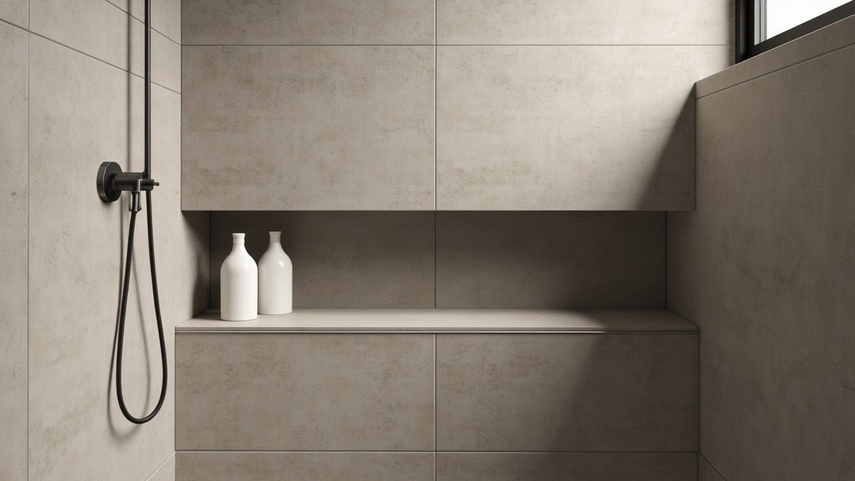 Illustrative concept design: long horizontal recessed shower niche lined in warm grey tiles with thin metal edge trim and two plain white bottles