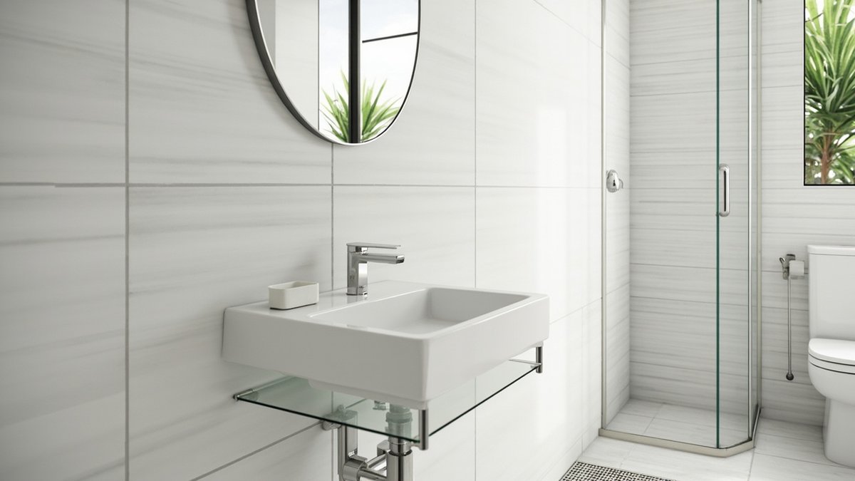 Illustrative concept design: round frameless mirror over a white wall-hung basin on a slim glass shelf, pale tiles and a corner shower