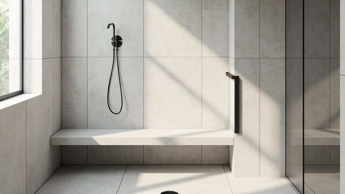 Illustrative concept design: floating shower bench clad in large pale grey tiles with a matt black hand shower on a hose