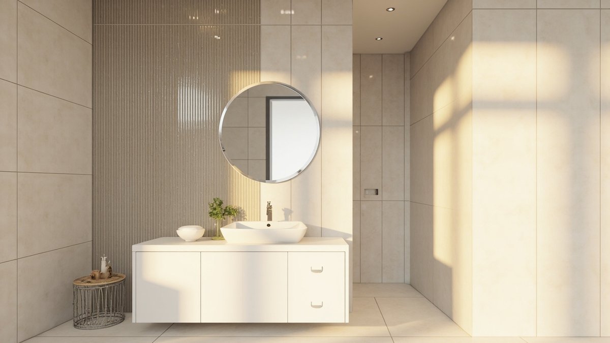 Illustrative concept design: greige vertical stacked tile feature wall behind a white wall-hung vanity with counter basin and round frameless mirror