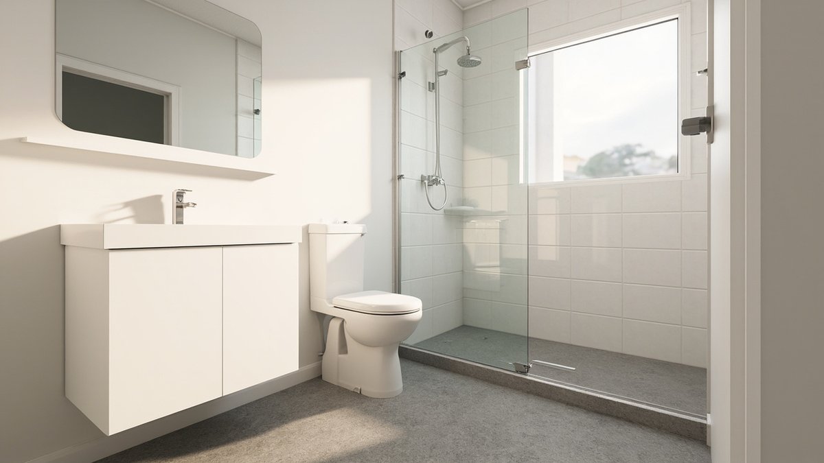 Illustrative concept design: simple bathroom with white wall tiles, grey speckled floor, white wall-hung vanity, toilet and glass-screened shower under a window