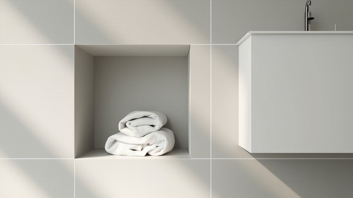 Illustrative concept design: pale grey tiled recessed niche holding rolled white towels beside a white wall-hung vanity