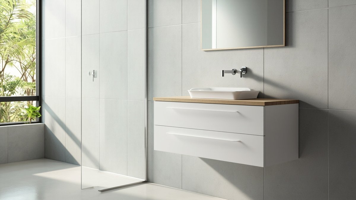 Illustrative concept design: white wall-hung two-drawer vanity with thin light oak top, rectangular white basin and wall-mounted tap against pale grey tiles
