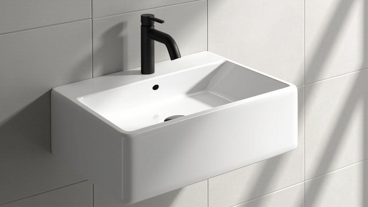 Illustrative concept design: slim white wall-hung basin with a tall matt black tap against pale grey tiles