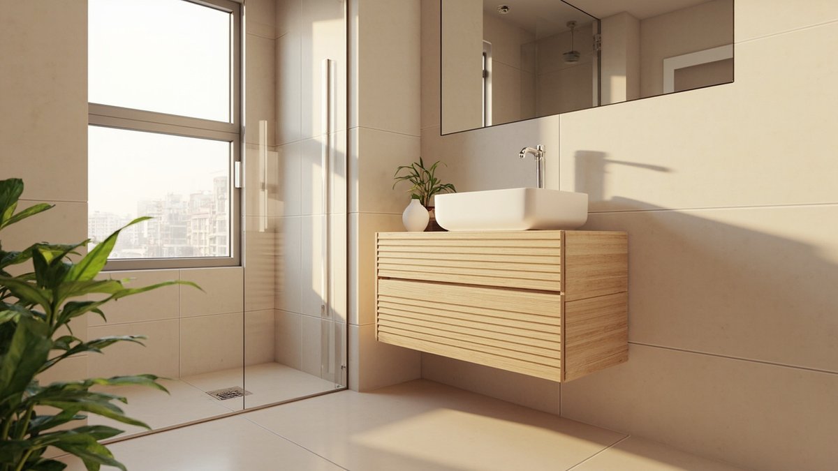 Illustrative concept design: wall-hung light oak vanity with slatted drawer fronts, a white rectangular basin and pale beige matte tiles beside a glass shower