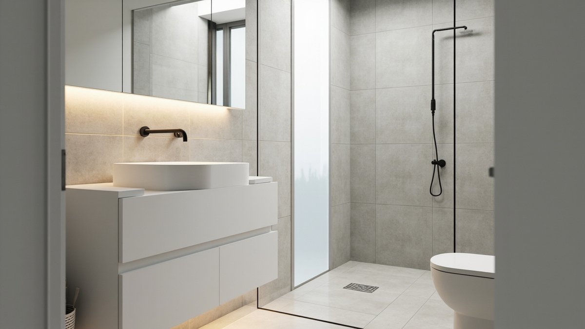 Illustrative concept design: minimalist bathroom with a white wall-hung vanity, backlit mirror, matt black taps, a frameless glass shower panel and large light grey tiles