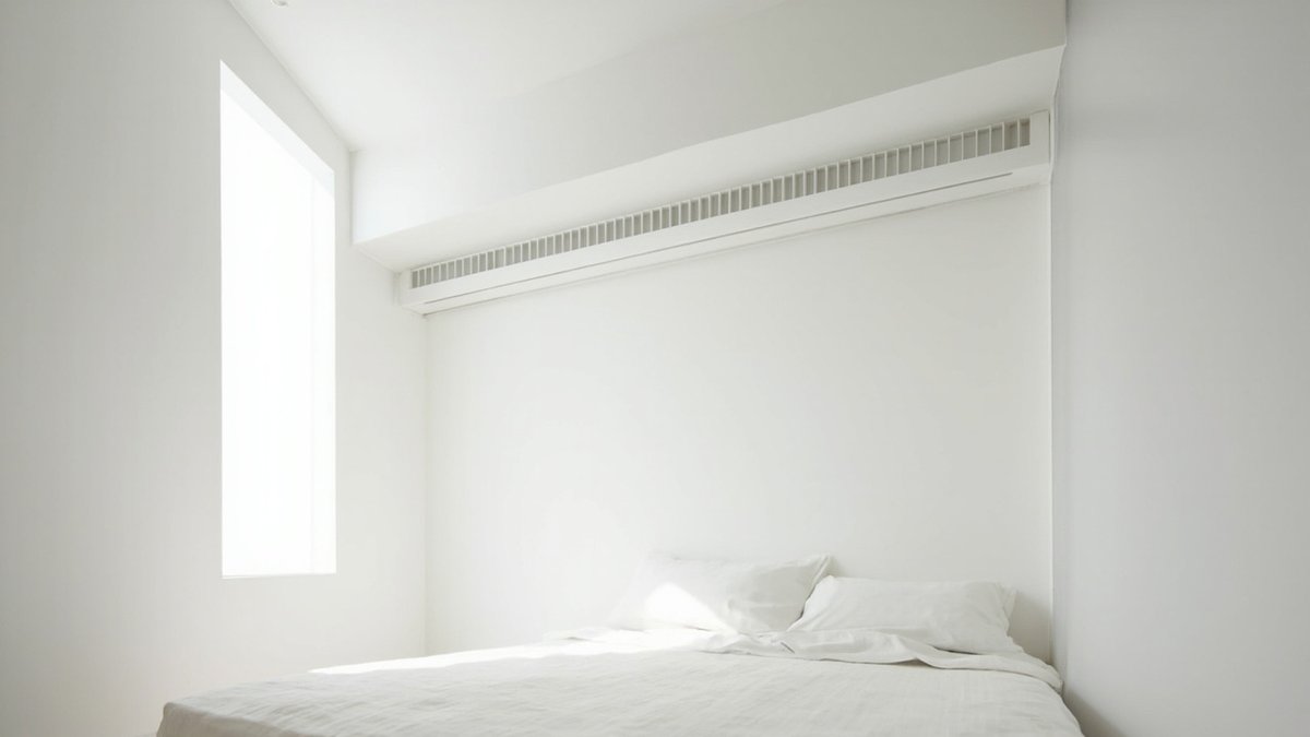 Illustrative concept design: white plaster bulkhead with a long linear grille above a white bed and plain walls