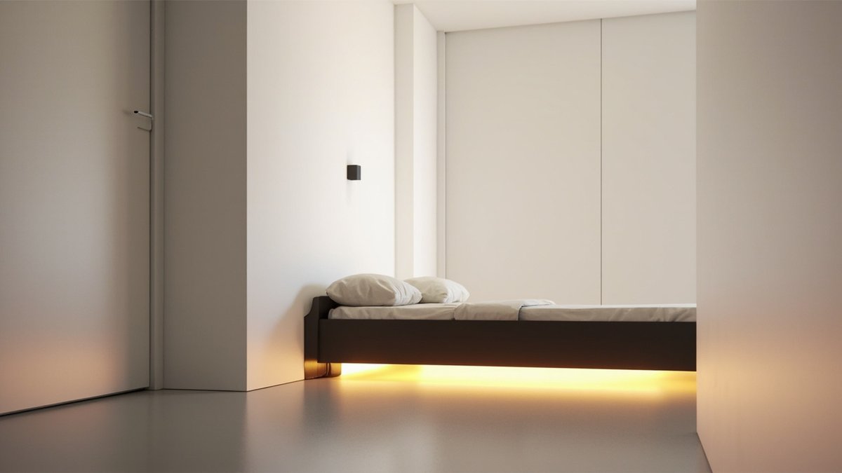 Illustrative concept design: dark low bed frame floating on a warm LED glow over a pale grey floor with white bedding