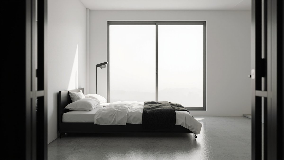 Illustrative concept design: black bed frame with white bedding and a black throw, black floor lamp and white walls