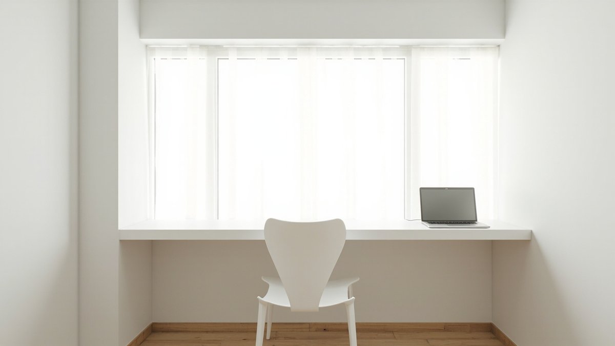 Illustrative concept design: white desk ledge across a sheer-curtained window with one white chair and a closed laptop