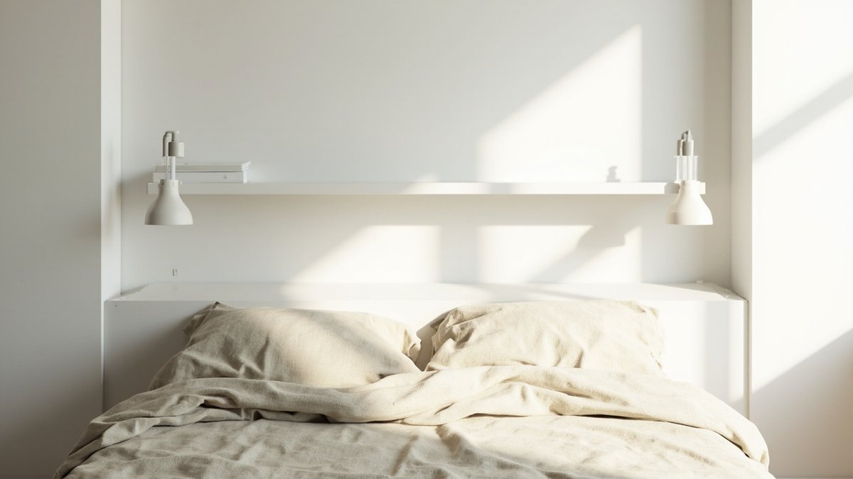 Illustrative concept design: low plain white headboard under a long white wall ledge with two clip-on white lamps above linen bedding