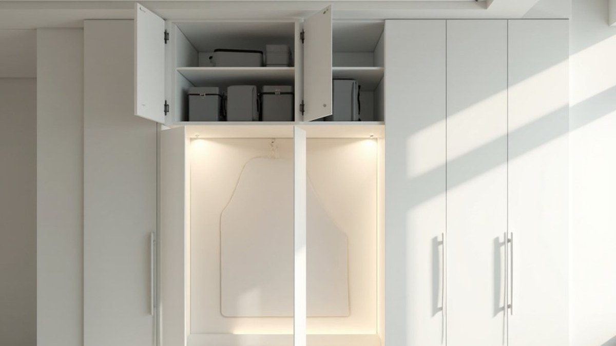 Illustrative concept design: white wardrobe with top doors open to stored cases and a lit lower bay holding a wall-mounted ironing board